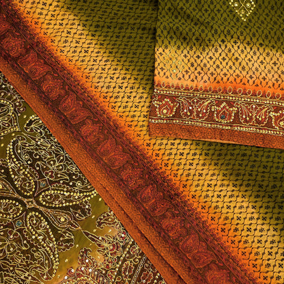 Indian Vintage Sari Green & Orange Artificial Silk Hand Embroidered Sarees Craft Fabric 5Yd Sewing Soft Zardozi/Zari Upcycle Dress Making