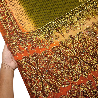Indian Vintage Sari Green & Orange Artificial Silk Hand Embroidered Sarees Craft Fabric 5Yd Sewing Soft Zardozi/Zari Upcycle Dress Making