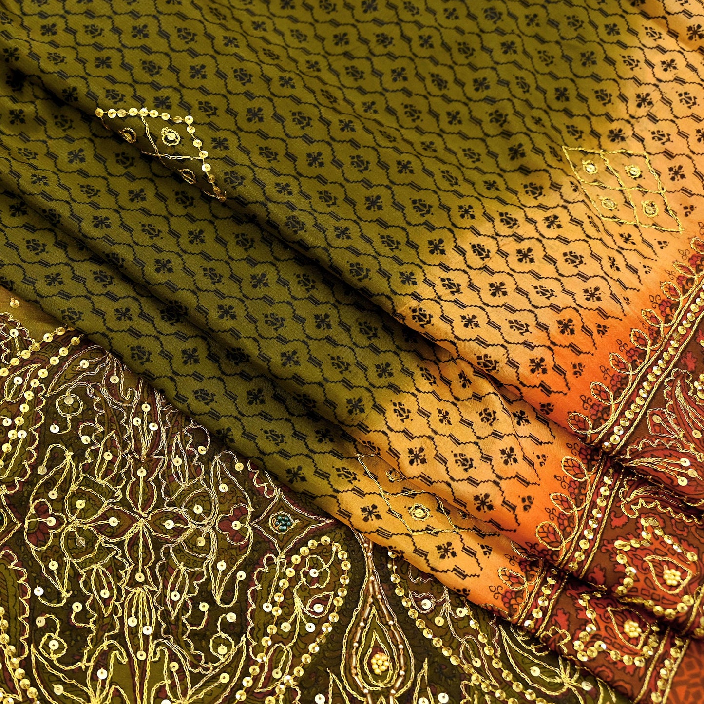 Indian Vintage Sari Green & Orange Artificial Silk Hand Embroidered Sarees Craft Fabric 5Yd Sewing Soft Zardozi/Zari Upcycle Dress Making