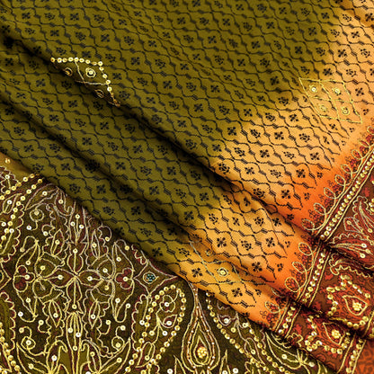 Indian Vintage Sari Green & Orange Artificial Silk Hand Embroidered Sarees Craft Fabric 5Yd Sewing Soft Zardozi/Zari Upcycle Dress Making