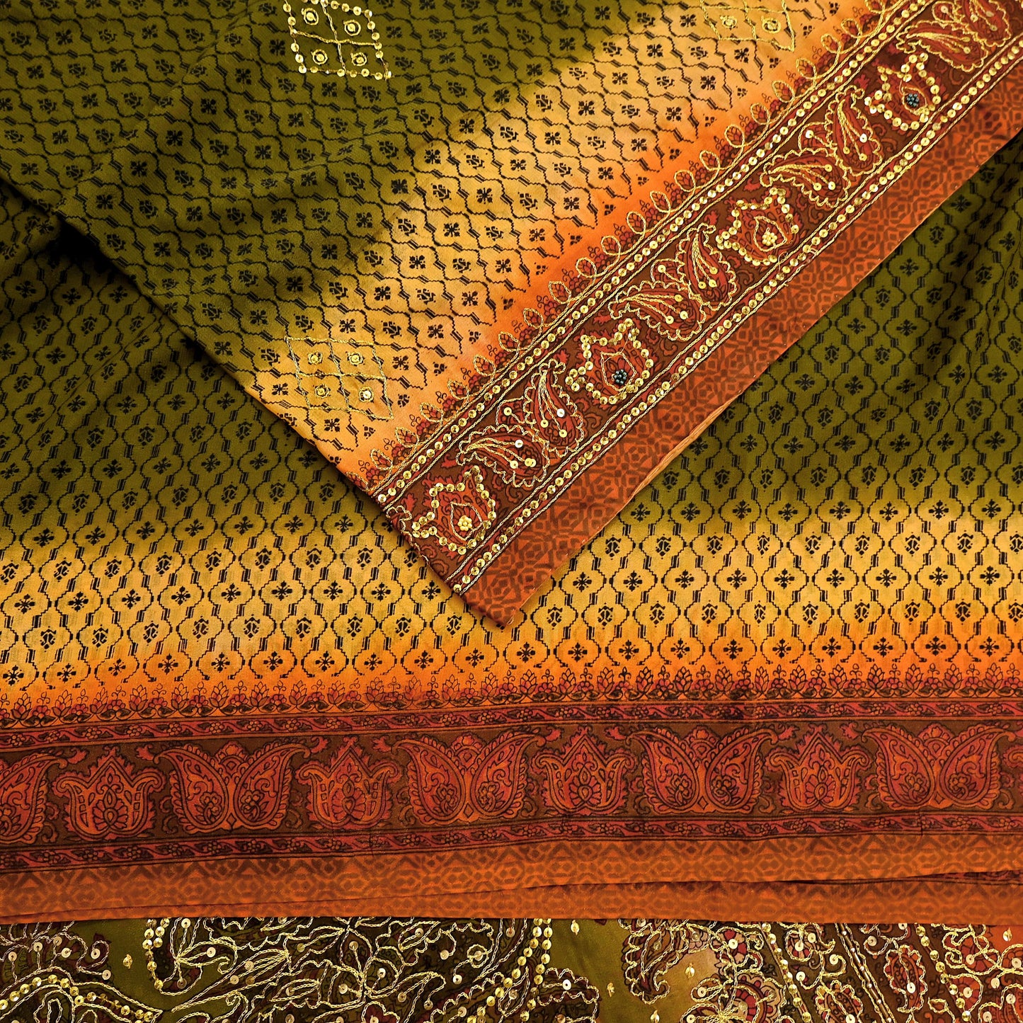 Indian Vintage Sari Green & Orange Artificial Silk Hand Embroidered Sarees Craft Fabric 5Yd Sewing Soft Zardozi/Zari Upcycle Dress Making