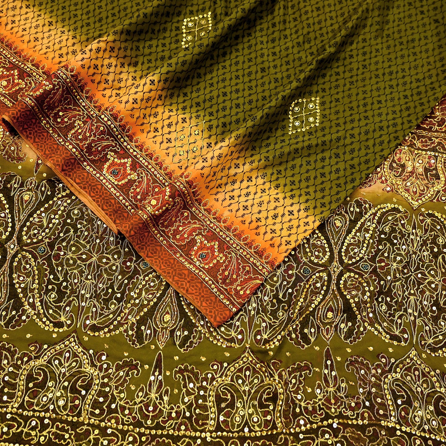 Indian Vintage Sari Green & Orange Artificial Silk Hand Embroidered Sarees Craft Fabric 5Yd Sewing Soft Zardozi/Zari Upcycle Dress Making