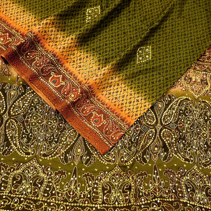 Indian Vintage Sari Green & Orange Artificial Silk Hand Embroidered Sarees Craft Fabric 5Yd Sewing Soft Zardozi/Zari Upcycle Dress Making