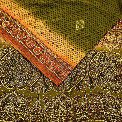 Indian Vintage Sari Green & Orange Artificial Silk Hand Embroidered Sarees Craft Fabric 5Yd Sewing Soft Zardozi/Zari Upcycle Dress Making