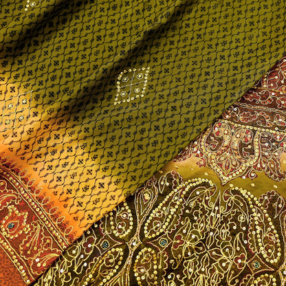 Indian Vintage Sari Green & Orange Artificial Silk Hand Embroidered Sarees Craft Fabric 5Yd Sewing Soft Zardozi/Zari Upcycle Dress Making