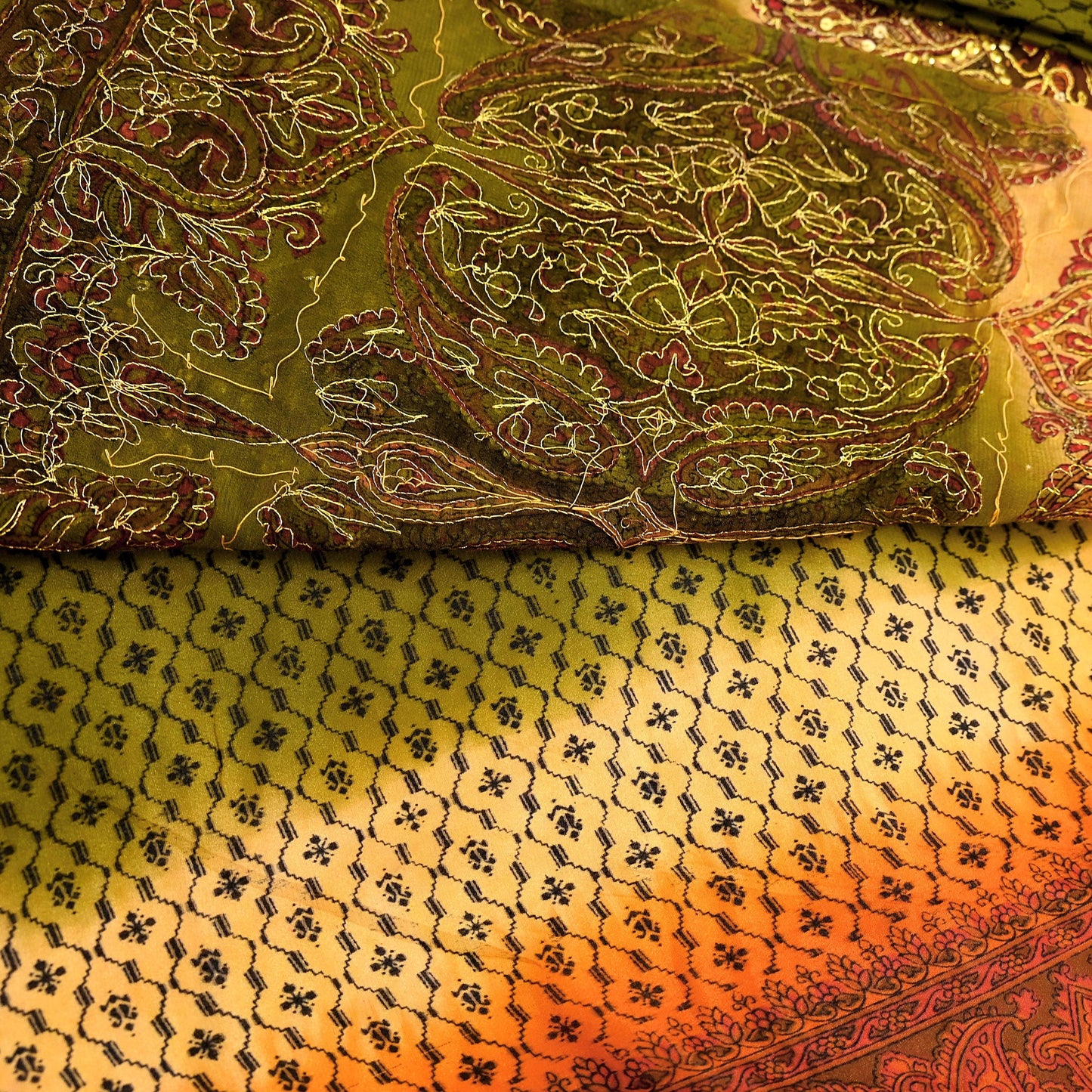 Indian Vintage Sari Green & Orange Artificial Silk Hand Embroidered Sarees Craft Fabric 5Yd Sewing Soft Zardozi/Zari Upcycle Dress Making