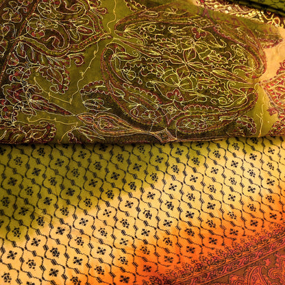 Indian Vintage Sari Green & Orange Artificial Silk Hand Embroidered Sarees Craft Fabric 5Yd Sewing Soft Zardozi/Zari Upcycle Dress Making