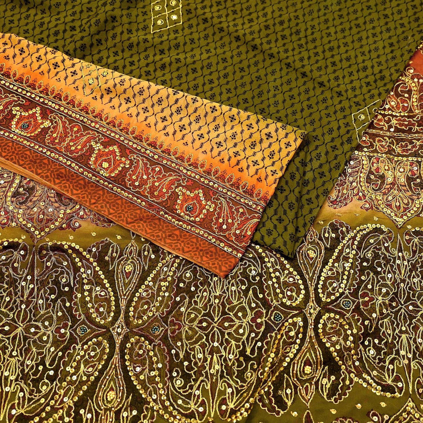 Indian Vintage Sari Green & Orange Artificial Silk Hand Embroidered Sarees Craft Fabric 5Yd Sewing Soft Zardozi/Zari Upcycle Dress Making