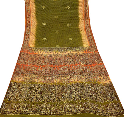 Indian Vintage Sari Green & Orange Artificial Silk Hand Embroidered Sarees Craft Fabric 5Yd Sewing Soft Zardozi/Zari Upcycle Dress Making