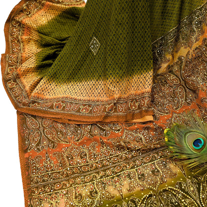 Indian Vintage Sari Green & Orange Artificial Silk Hand Embroidered Sarees Craft Fabric 5Yd Sewing Soft Zardozi/Zari Upcycle Dress Making