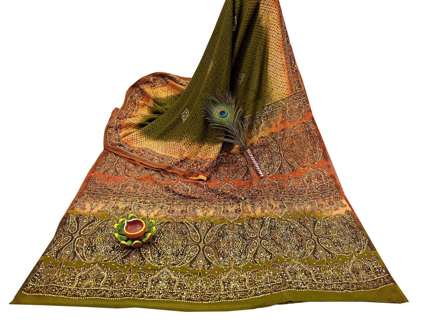 Indian Vintage Sari Green & Orange Artificial Silk Hand Embroidered Sarees Craft Fabric 5Yd Sewing Soft Zardozi/Zari Upcycle Dress Making