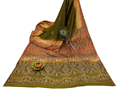 Indian Vintage Sari Green & Orange Artificial Silk Hand Embroidered Sarees Craft Fabric 5Yd Sewing Soft Zardozi/Zari Upcycle Dress Making