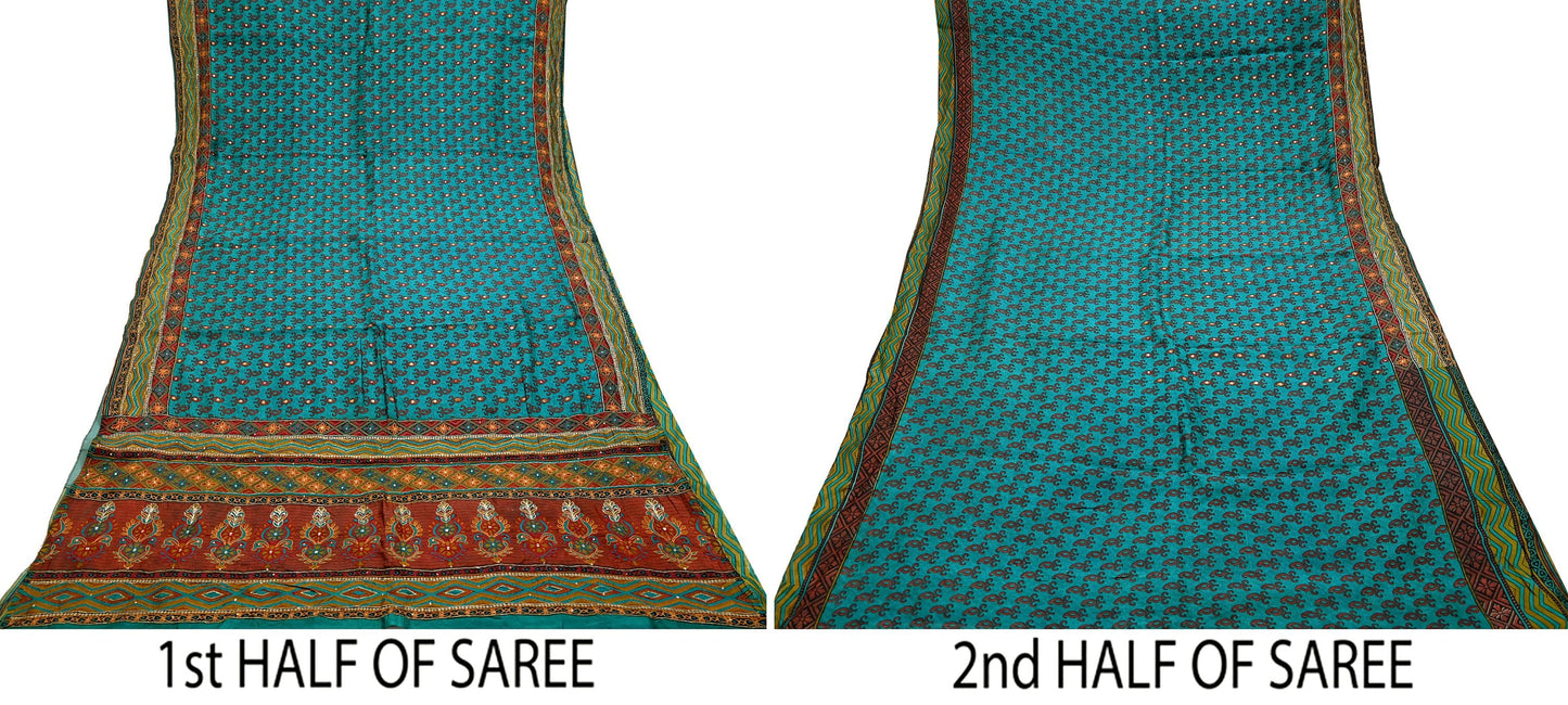 Indian Vintage Sari Green Pure Silk Hand Embroidered Sarees 5Yd Craft Fabric Sewing soft Quilting Crafting Upcycle Ethnic Bollywood sarees