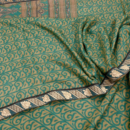 Indian Vintage Green & Beige Sarees Pure Woolen Woven Printed  Sari Soft Warm Craft Fabric 5Yd Woven Border Dress making Crafting Quilting