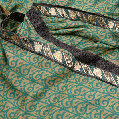 Indian Vintage Green & Beige Sarees Pure Woolen Woven Printed  Sari Soft Warm Craft Fabric 5Yd Woven Border Dress making Crafting Quilting