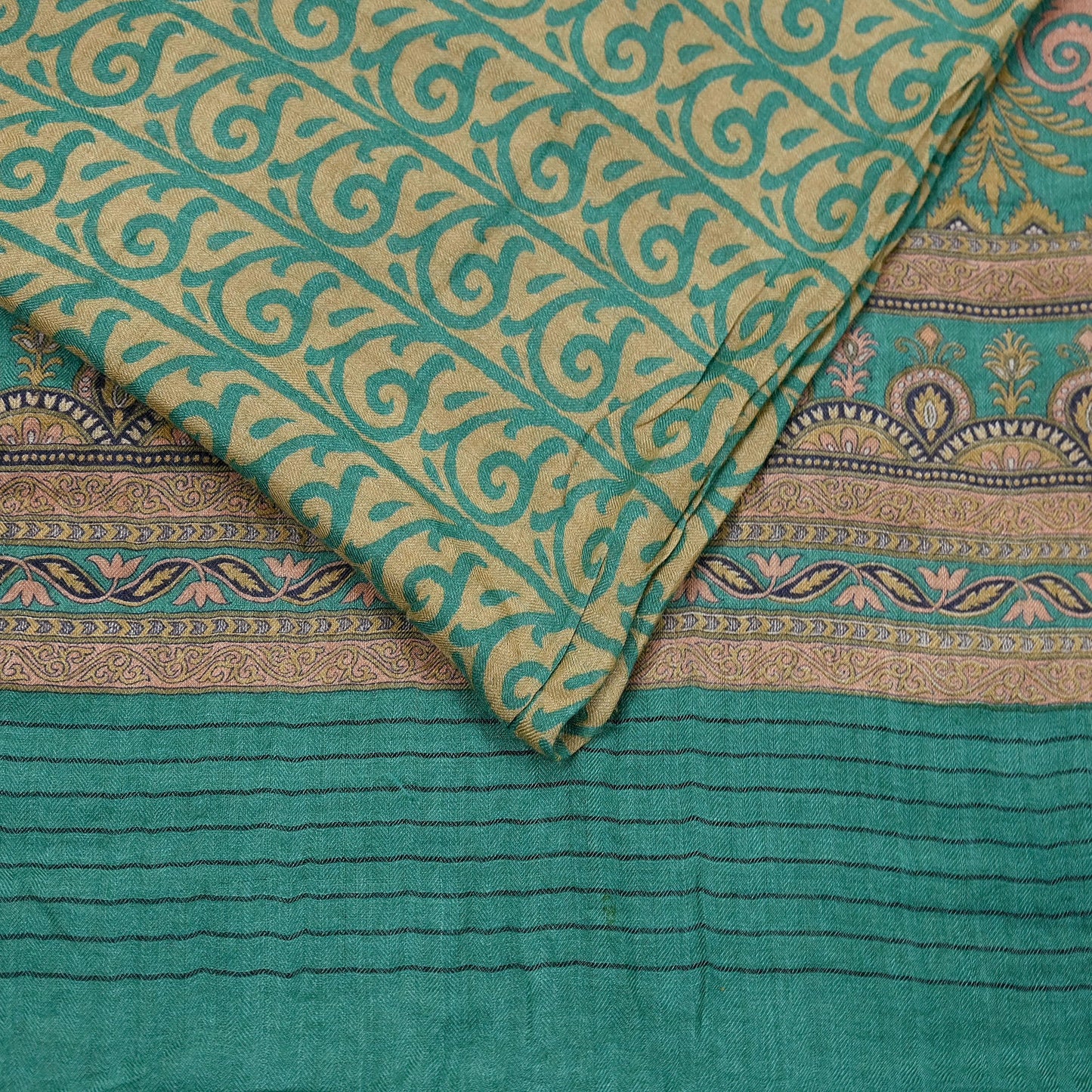 Indian Vintage Green & Beige Sarees Pure Woolen Woven Printed  Sari Soft Warm Craft Fabric 5Yd Woven Border Dress making Crafting Quilting