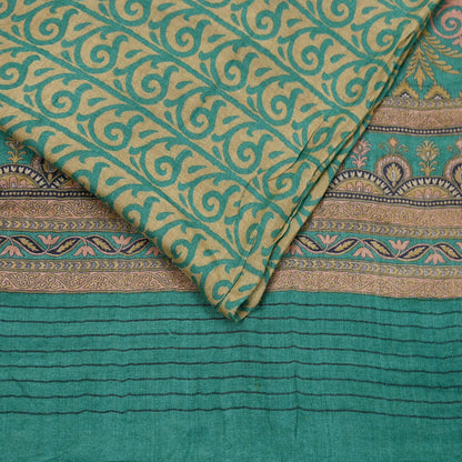 Indian Vintage Green & Beige Sarees Pure Woolen Woven Printed  Sari Soft Warm Craft Fabric 5Yd Woven Border Dress making Crafting Quilting