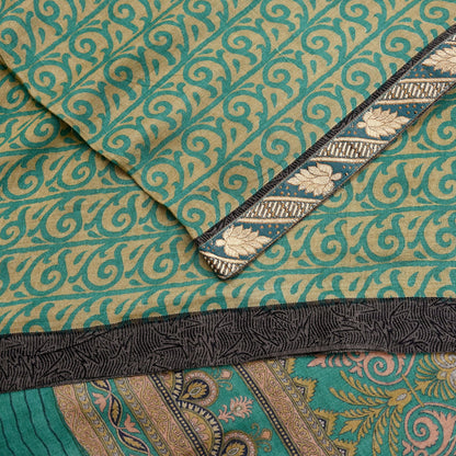 Indian Vintage Green & Beige Sarees Pure Woolen Woven Printed  Sari Soft Warm Craft Fabric 5Yd Woven Border Dress making Crafting Quilting