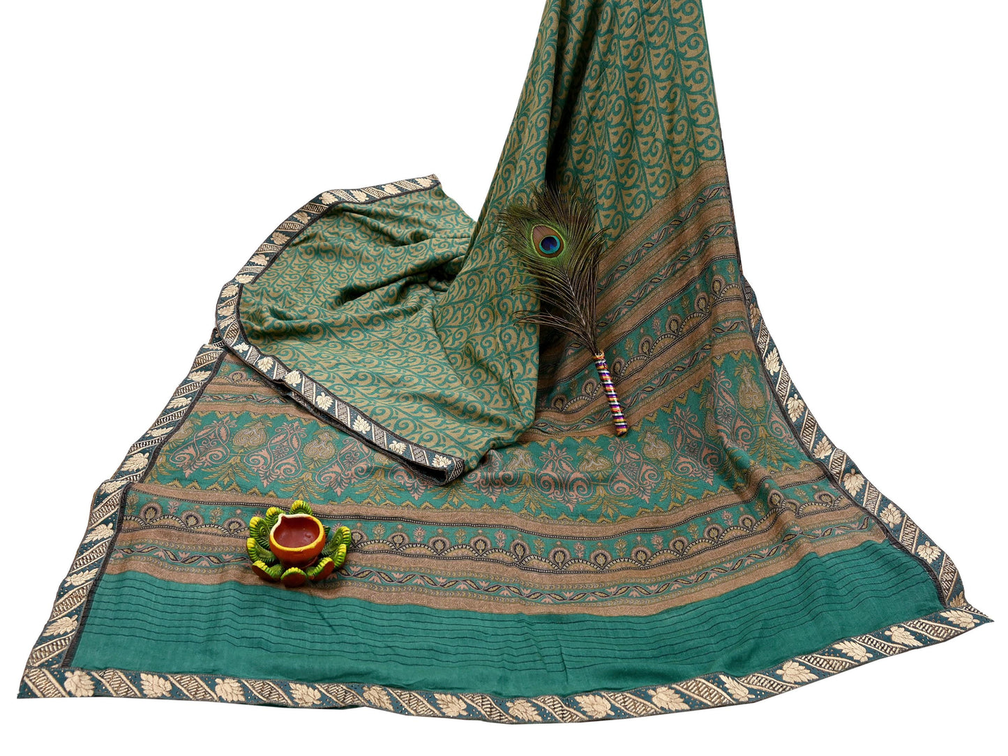 Indian Vintage Green & Beige Sarees Pure Woolen Woven Printed  Sari Soft Warm Craft Fabric 5Yd Woven Border Dress making Crafting Quilting