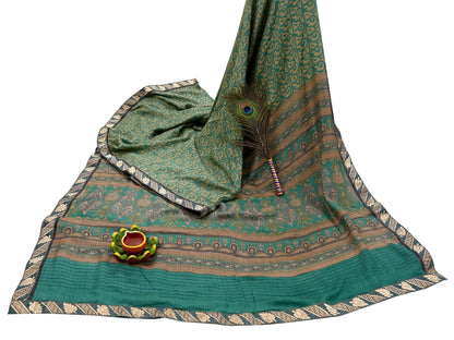 Indian Vintage Green & Beige Sarees Pure Woolen Woven Printed  Sari Soft Warm Craft Fabric 5Yd Woven Border Dress making Crafting Quilting