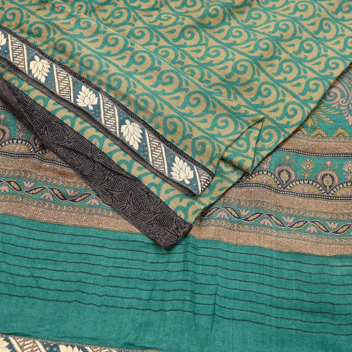 Indian Vintage Green & Beige Sarees Pure Woolen Woven Printed  Sari Soft Warm Craft Fabric 5Yd Woven Border Dress making Crafting Quilting
