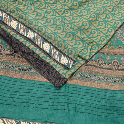 Indian Vintage Green & Beige Sarees Pure Woolen Woven Printed  Sari Soft Warm Craft Fabric 5Yd Woven Border Dress making Crafting Quilting