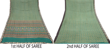 Indian Vintage Green & Beige Sarees Pure Woolen Woven Printed  Sari Soft Warm Craft Fabric 5Yd Woven Border Dress making Crafting Quilting