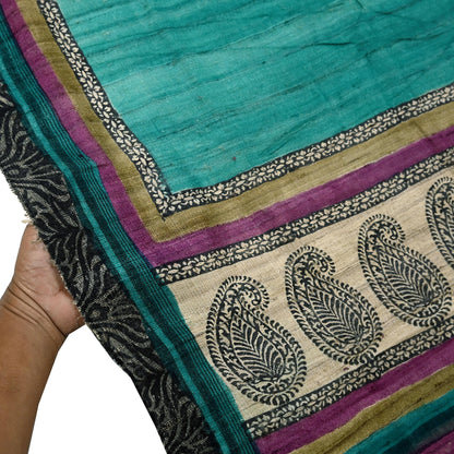 Indian Vintage Green Dupatta Long Stole 100% Pure Khadi Silk Hand Woven/ Printed Scarves Veil Scarf Wrap Hippie Fringes