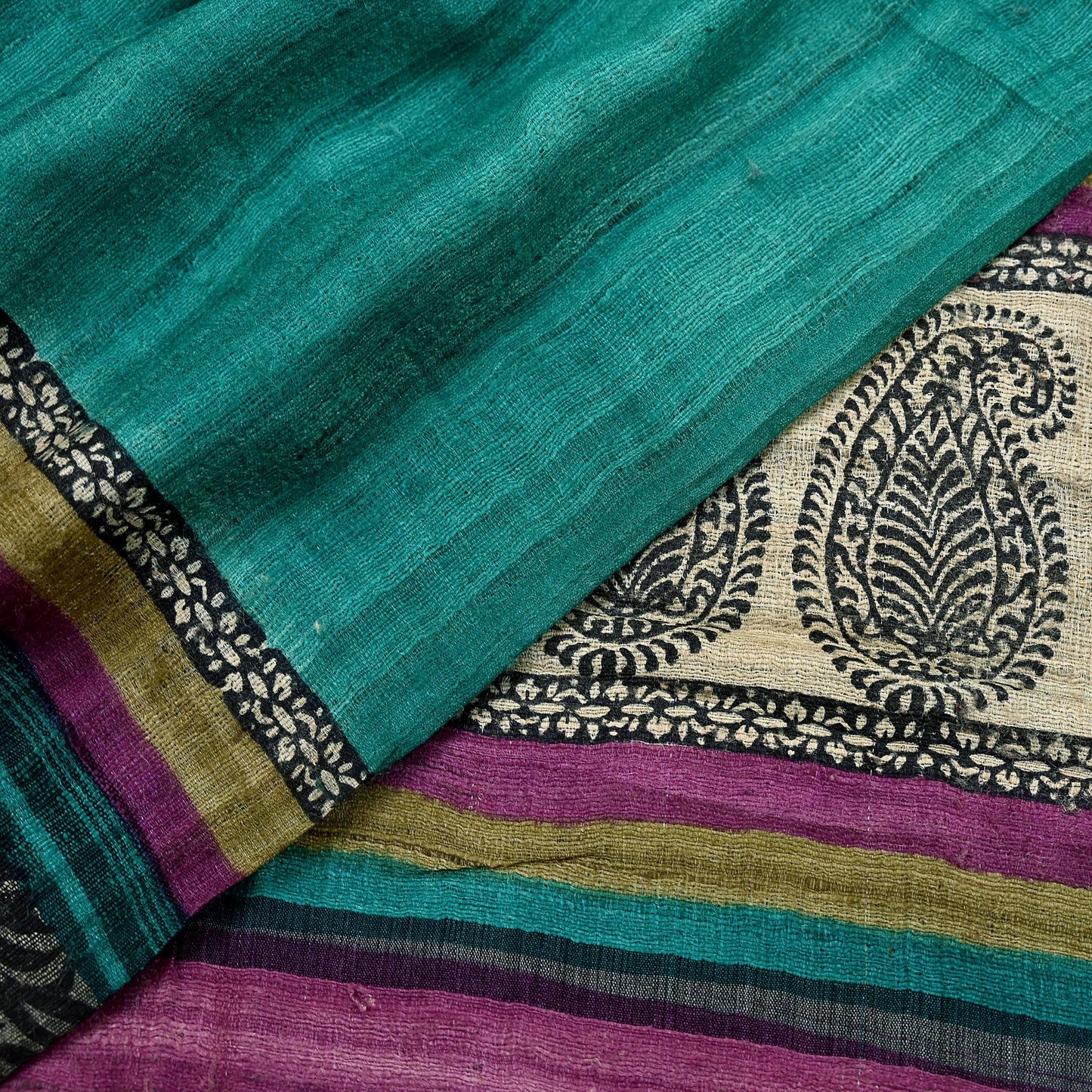 Indian Vintage Green Dupatta Long Stole 100% Pure Khadi Silk Hand Woven/ Printed Scarves Veil Scarf Wrap Hippie Fringes