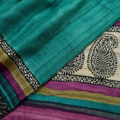 Indian Vintage Green Dupatta Long Stole 100% Pure Khadi Silk Hand Woven/ Printed Scarves Veil Scarf Wrap Hippie Fringes