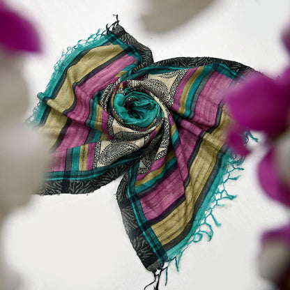 Indian Vintage Green Dupatta Long Stole 100% Pure Khadi Silk Hand Woven/ Printed Scarves Veil Scarf Wrap Hippie Fringes