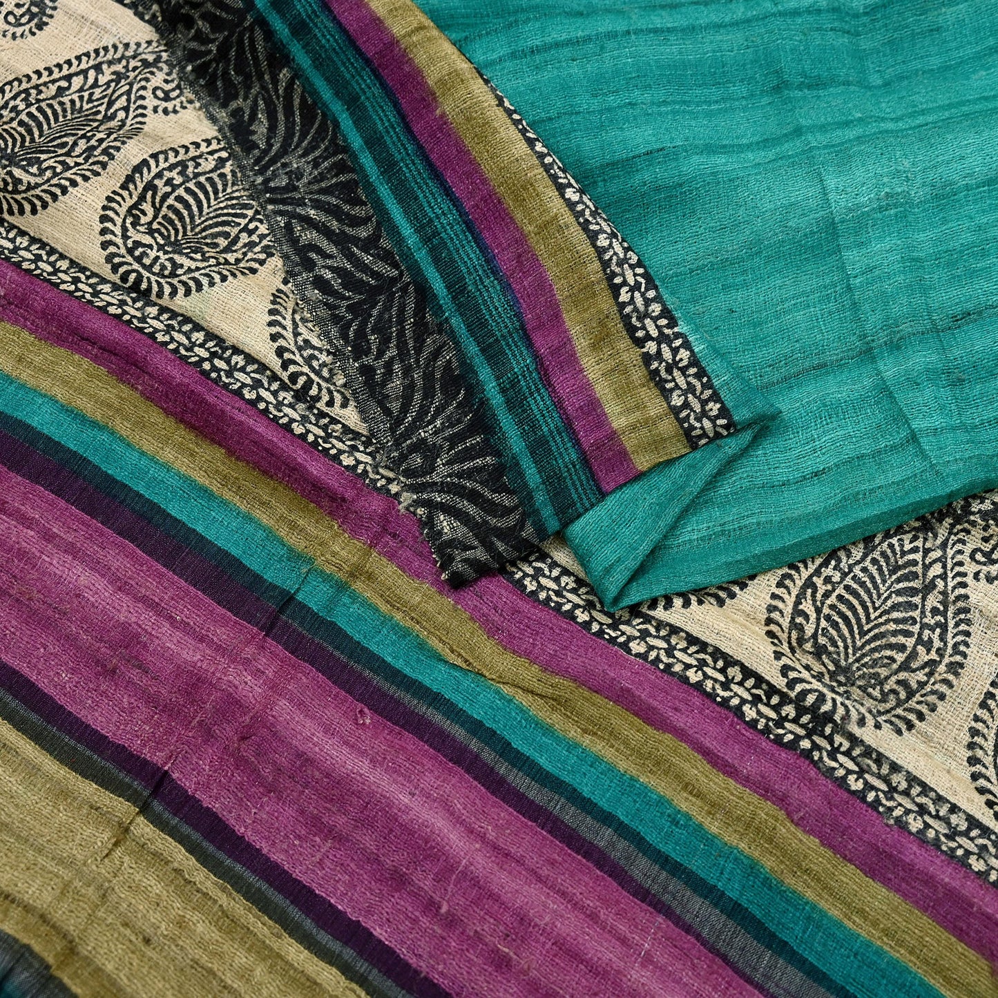 Indian Vintage Green Dupatta Long Stole 100% Pure Khadi Silk Hand Woven/ Printed Scarves Veil Scarf Wrap Hippie Fringes