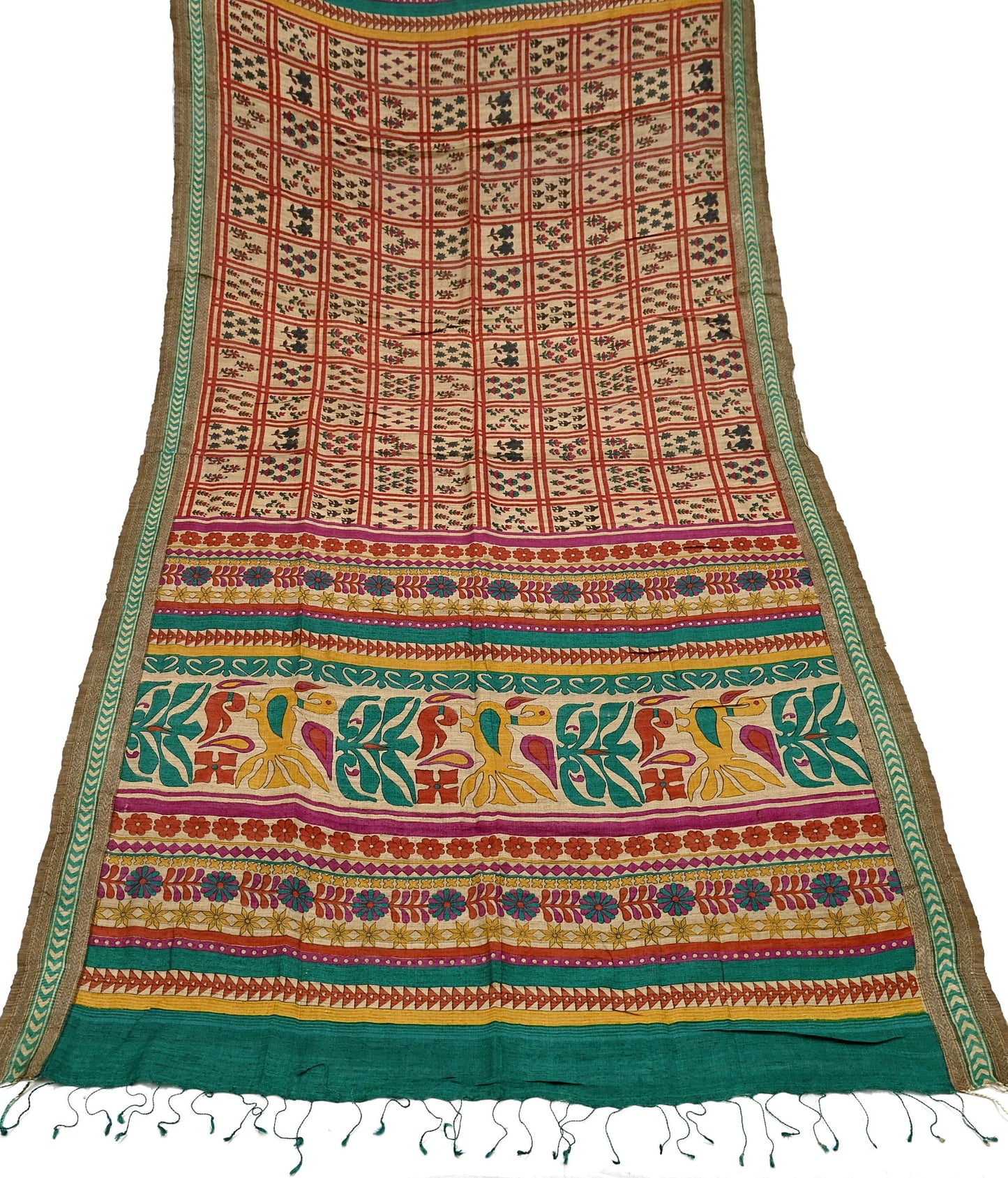 Indian Vintage Green & Beige Dupatta Long Stole 100% Pure Khadi Silk Hand Woven/ Printed Scarves Veil Scarf Wrap Hippie Fringes