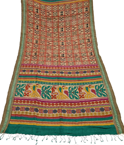 Indian Vintage Green & Beige Dupatta Long Stole 100% Pure Khadi Silk Hand Woven/ Printed Scarves Veil Scarf Wrap Hippie Fringes