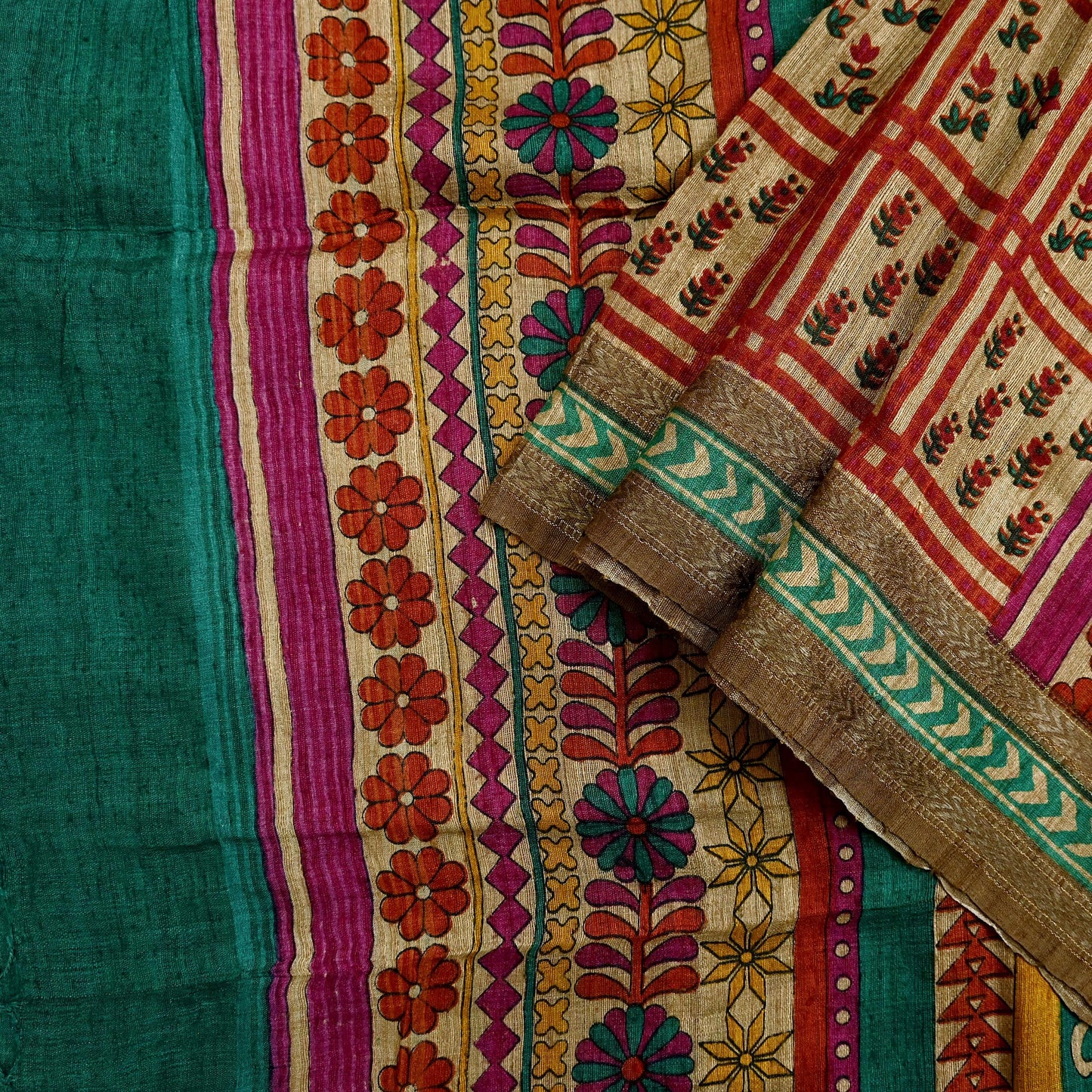 Indian Vintage Green & Beige Dupatta Long Stole 100% Pure Khadi Silk Hand Woven/ Printed Scarves Veil Scarf Wrap Hippie Fringes