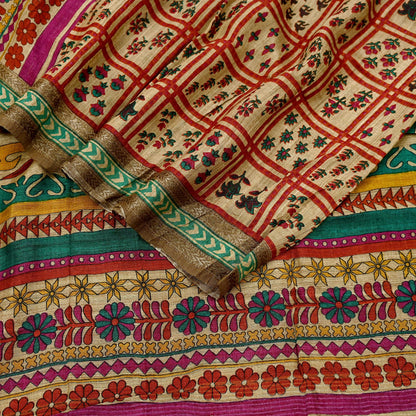 Indian Vintage Green & Beige Dupatta Long Stole 100% Pure Khadi Silk Hand Woven/ Printed Scarves Veil Scarf Wrap Hippie Fringes