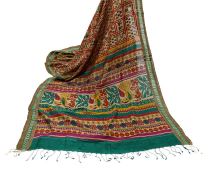 Indian Vintage Green & Beige Dupatta Long Stole 100% Pure Khadi Silk Hand Woven/ Printed Scarves Veil Scarf Wrap Hippie Fringes