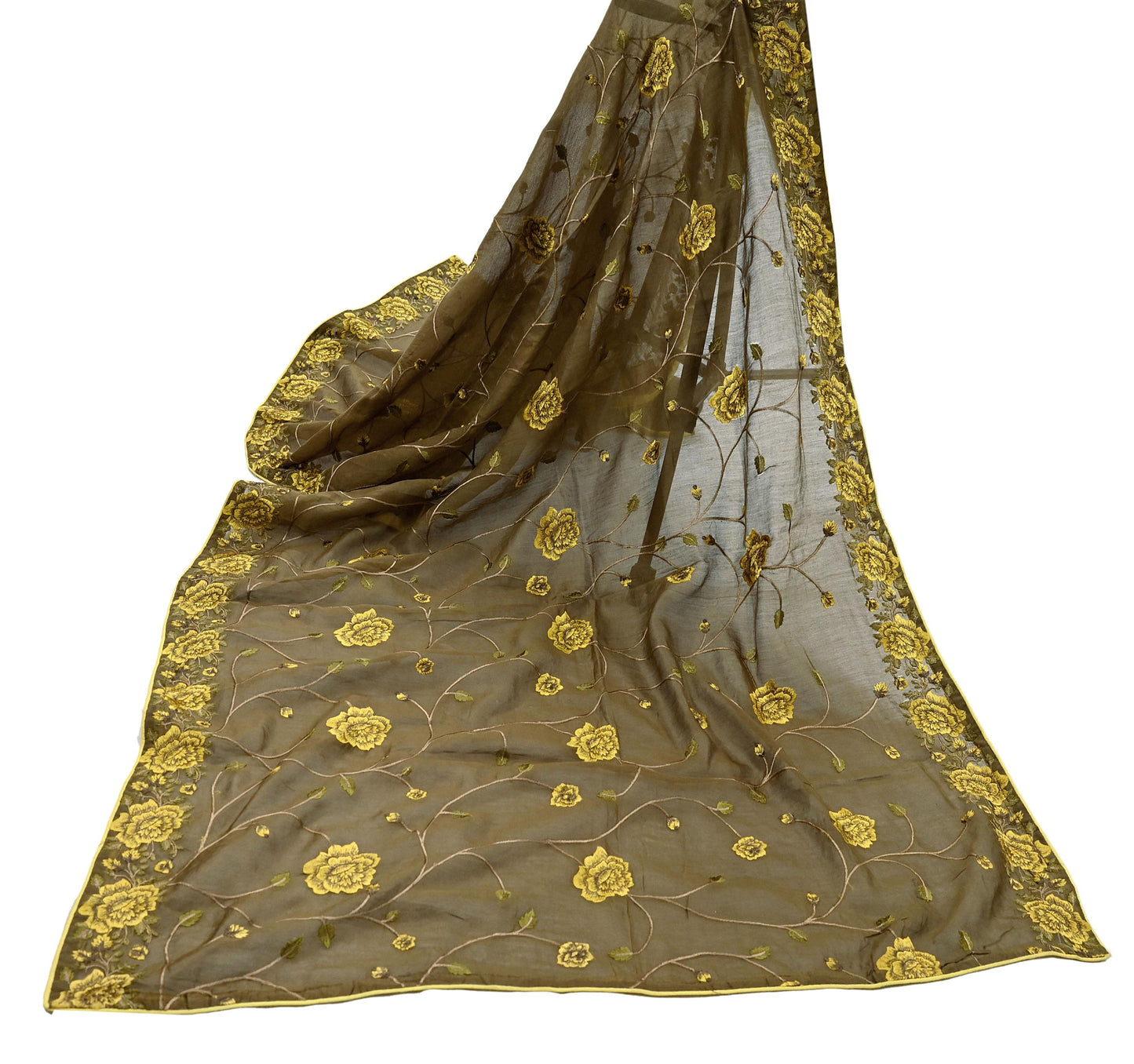 Indian Vintage Dupatta Green Long Stole Pure Silk Embroidered Woven Fabric Scarves Veil Scarf Wrap Soft Hijab Party wear veil