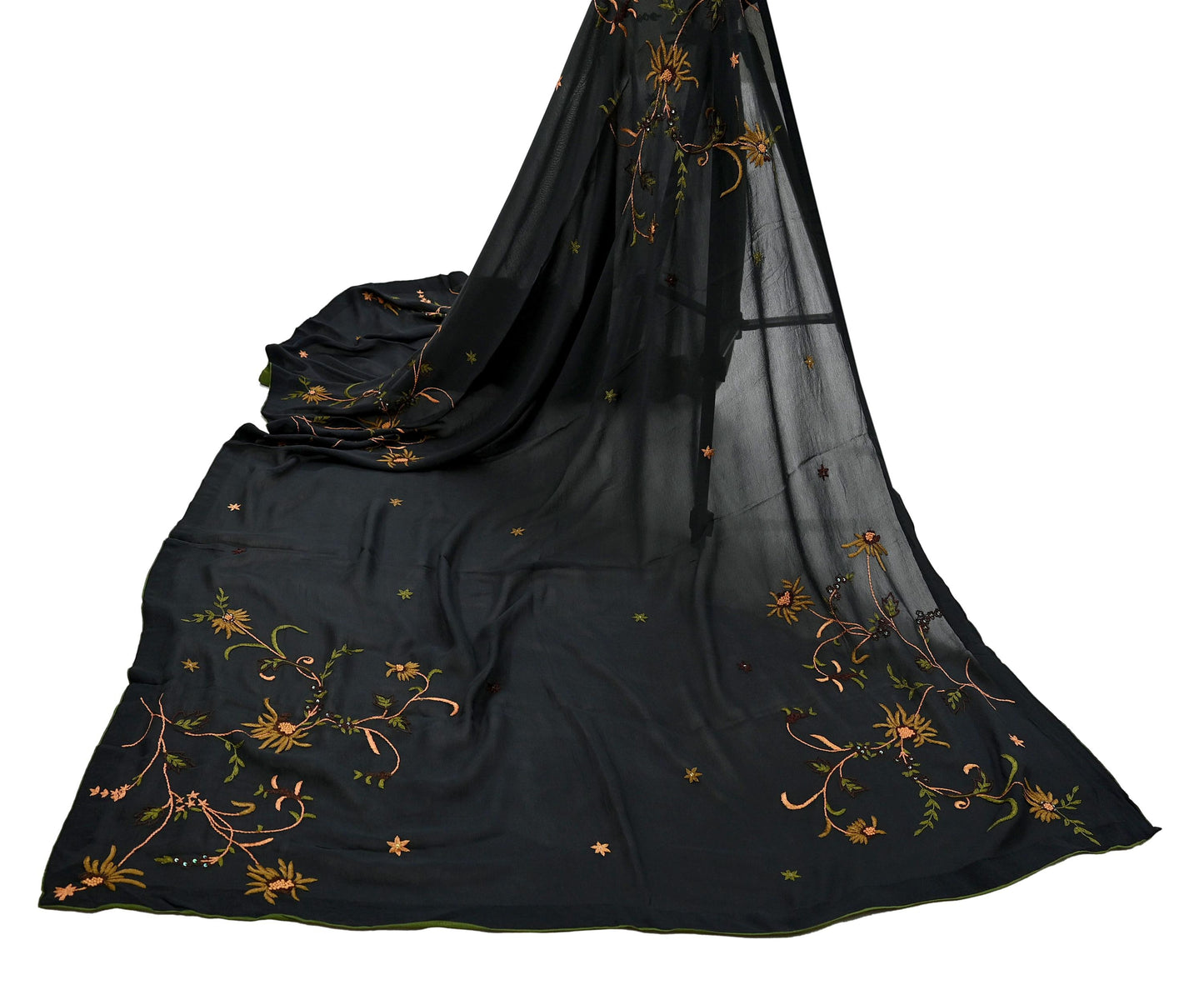 Indian Vintage Dupatta Black Pure Georgette silk Long Stole Hand Embroidered Scarves Stole Veil Wrap