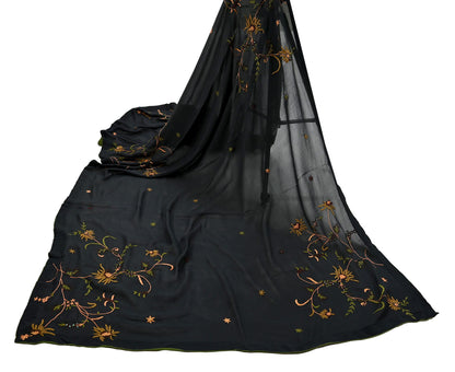 Indian Vintage Dupatta Black Pure Georgette silk Long Stole Hand Embroidered Scarves Stole Veil Wrap