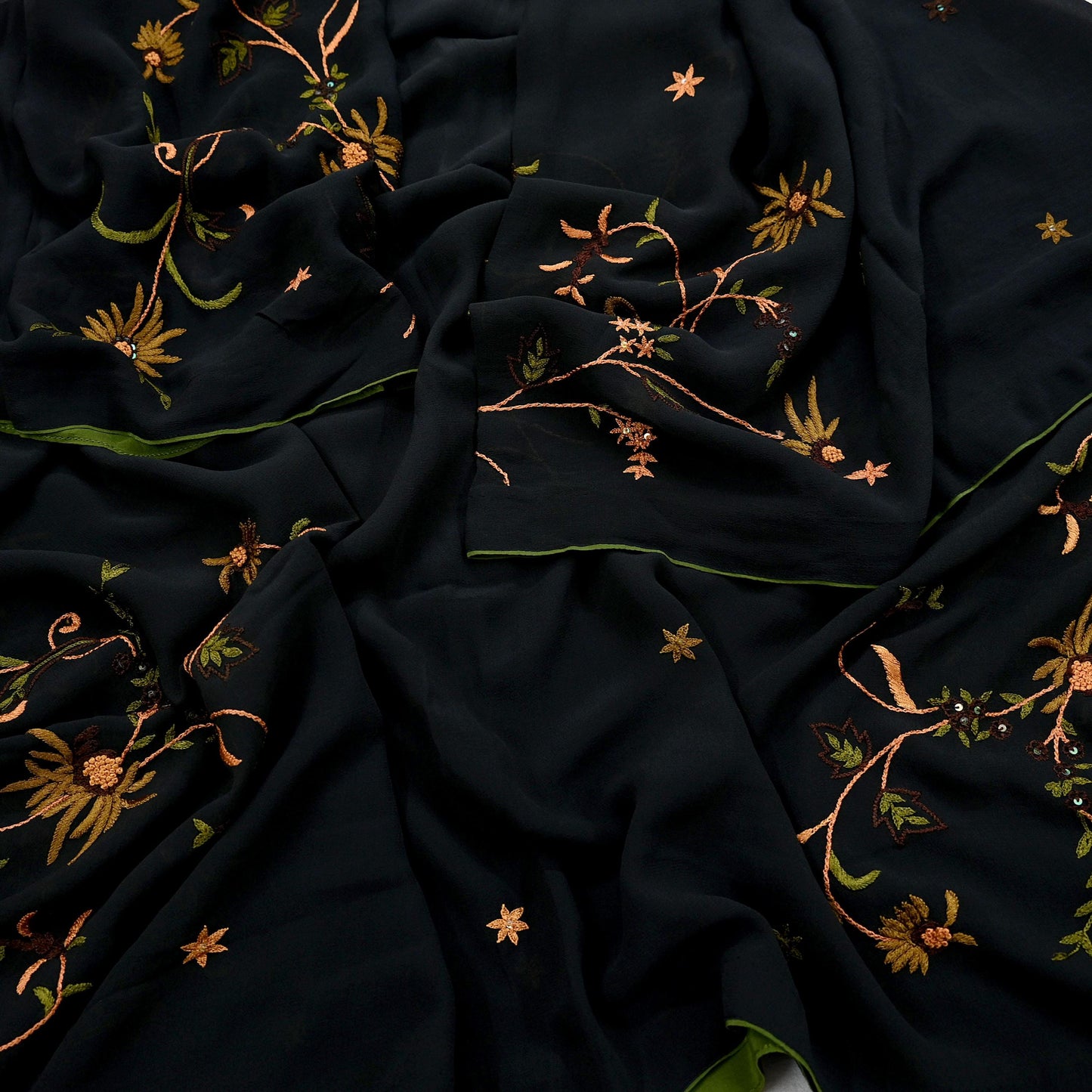 Indian Vintage Dupatta Black Pure Georgette silk Long Stole Hand Embroidered Scarves Stole Veil Wrap