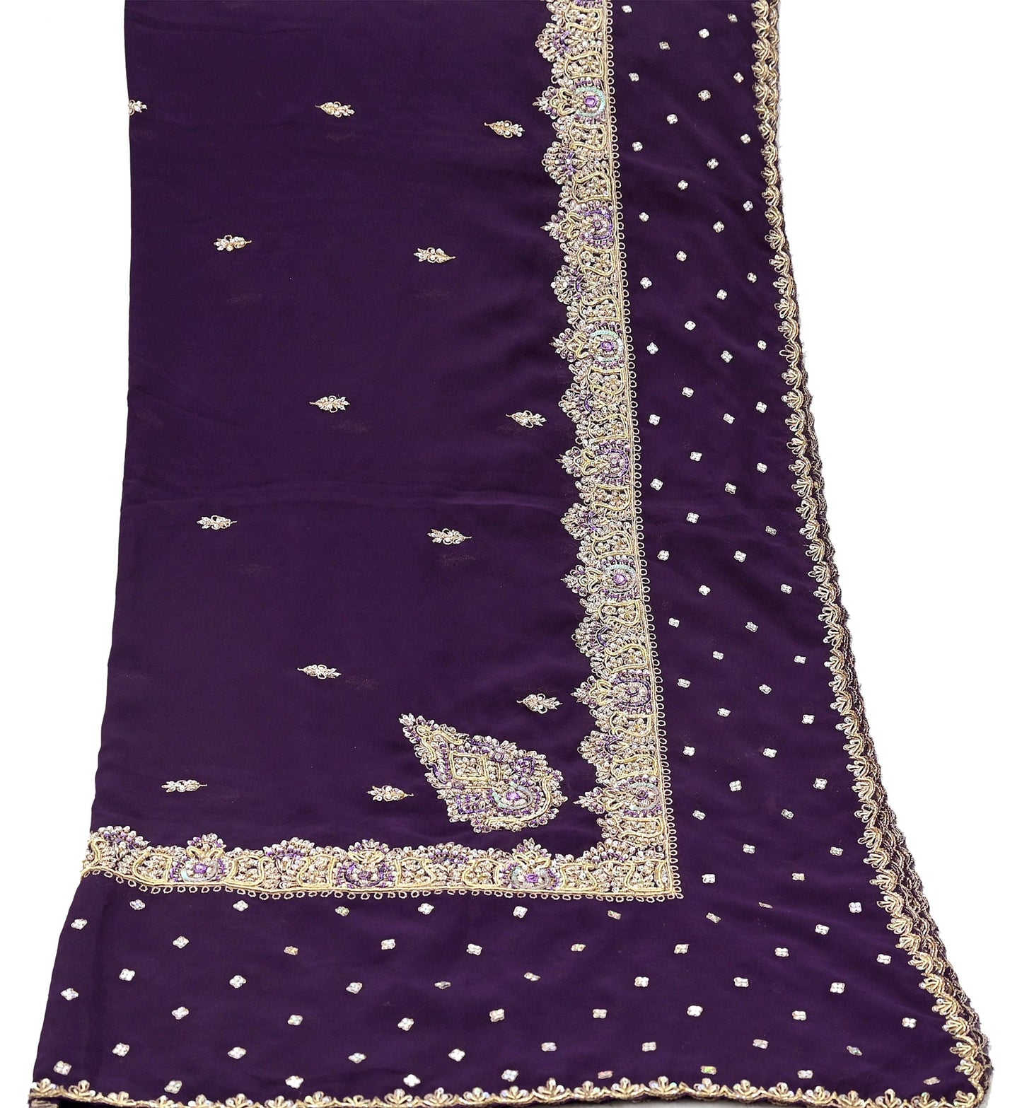 Indian Vintage Heavy Purple Dupatta Georgette Long Stole Hand Embroidered Scarf Zari Zardozi Wedding/Bridal Veil Hijab