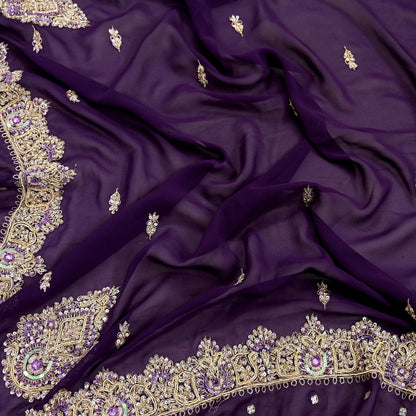 Indian Vintage Heavy Purple Dupatta Georgette Long Stole Hand Embroidered Scarf Zari Zardozi Wedding/Bridal Veil Hijab