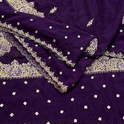 Indian Vintage Heavy Purple Dupatta Georgette Long Stole Hand Embroidered Scarf Zari Zardozi Wedding/Bridal Veil Hijab