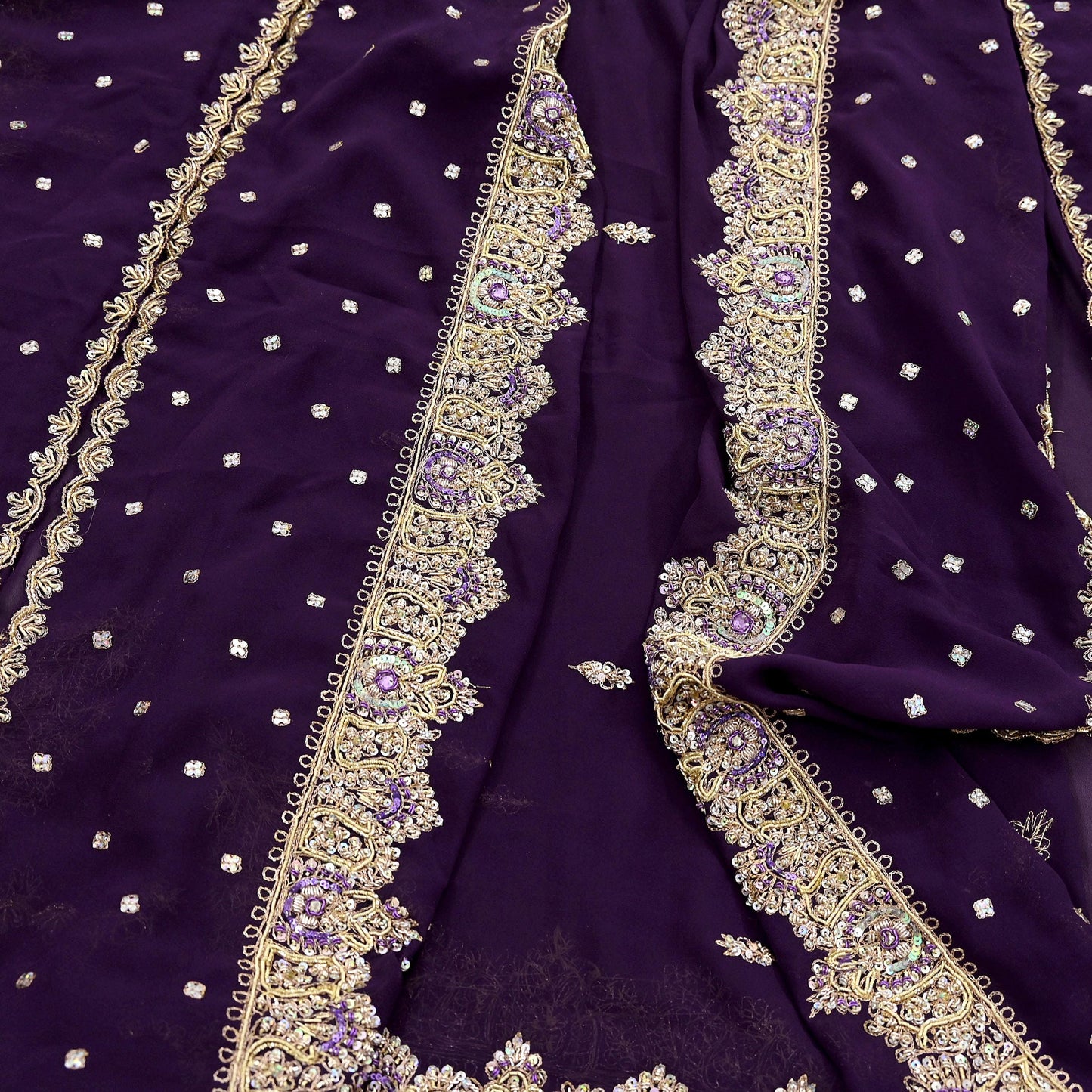 Indian Vintage Heavy Purple Dupatta Georgette Long Stole Hand Embroidered Scarf Zari Zardozi Wedding/Bridal Veil Hijab