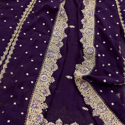 Indian Vintage Heavy Purple Dupatta Georgette Long Stole Hand Embroidered Scarf Zari Zardozi Wedding/Bridal Veil Hijab