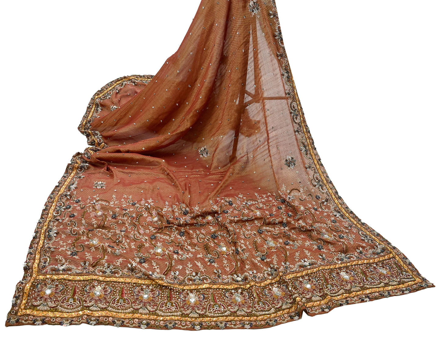 Indian Vintage Heavy Bridal Maroon Dupatta Pure Georgette Silk Long Stole Hand Embroidered Scarf Zardozi/Dabka Wedding red Hijab veil