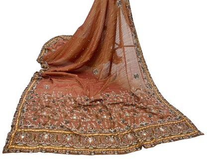 Indian Vintage Heavy Bridal Maroon Dupatta Pure Georgette Silk Long Stole Hand Embroidered Scarf Zardozi/Dabka Wedding red Hijab veil