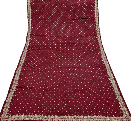 Indian Vintage Heavy Wedding Maroon Dupatta Pure Satin Silk Long Stole Hand Embroidered Scarves Golden Zardozi Bridal Veil