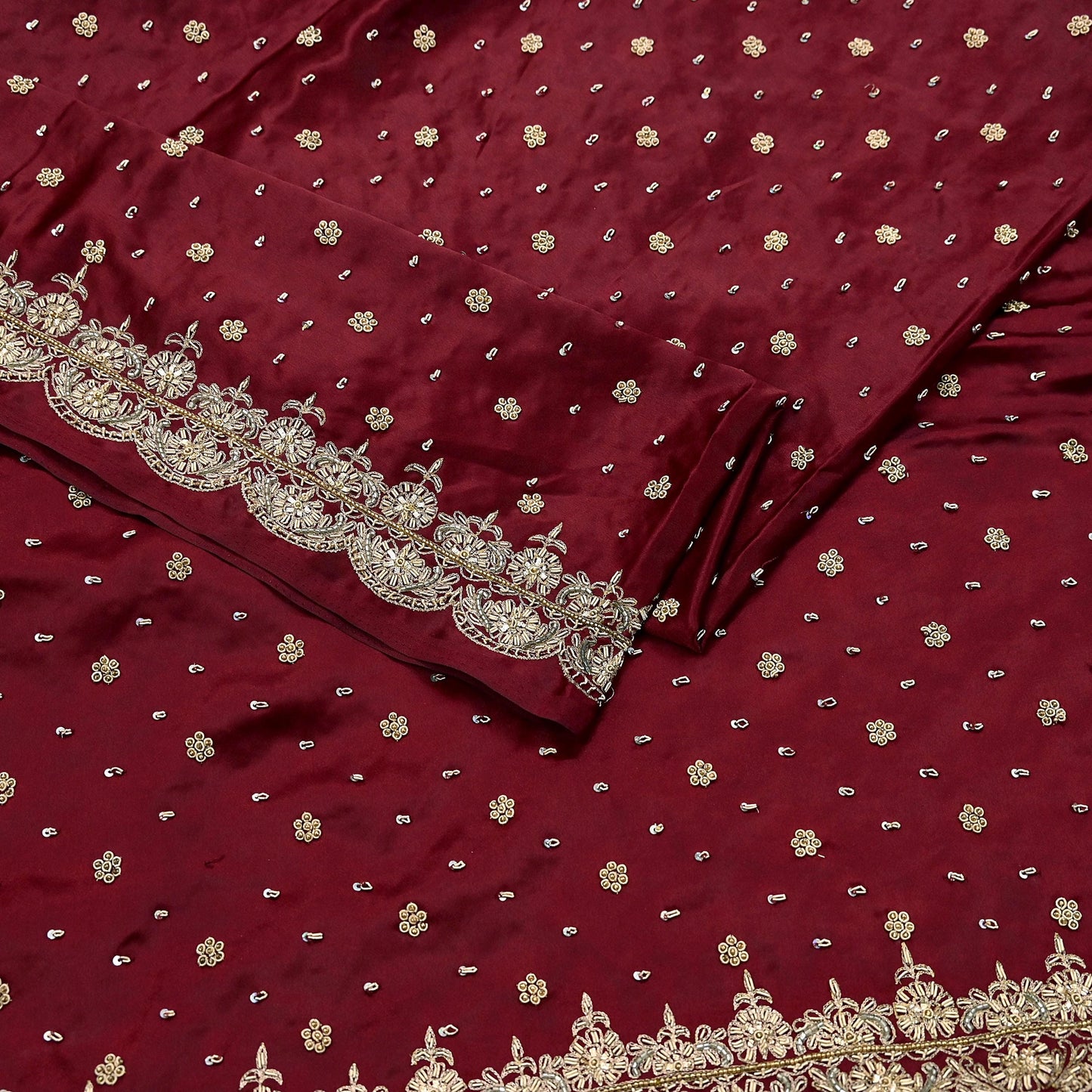 Indian Vintage Heavy Wedding Maroon Dupatta Pure Satin Silk Long Stole Hand Embroidered Scarves Golden Zardozi Bridal Veil